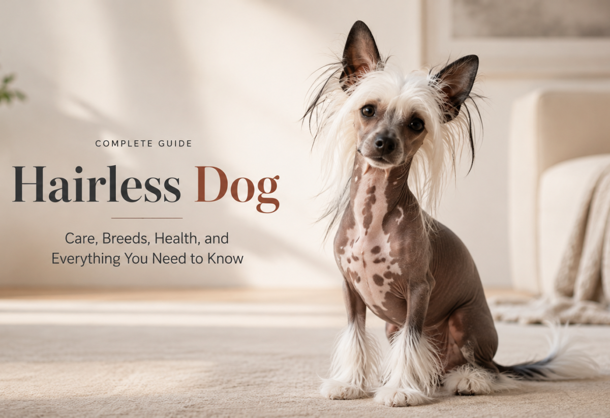 Cute black and white hairless dog in a modern home