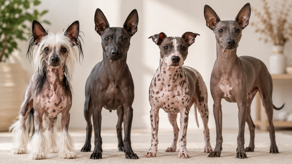Four popular hairless dog breeds standing together