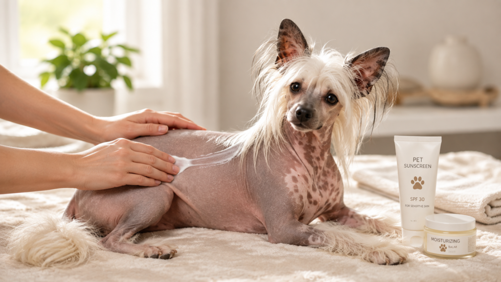Hairless dog receiving skin care and sun protection