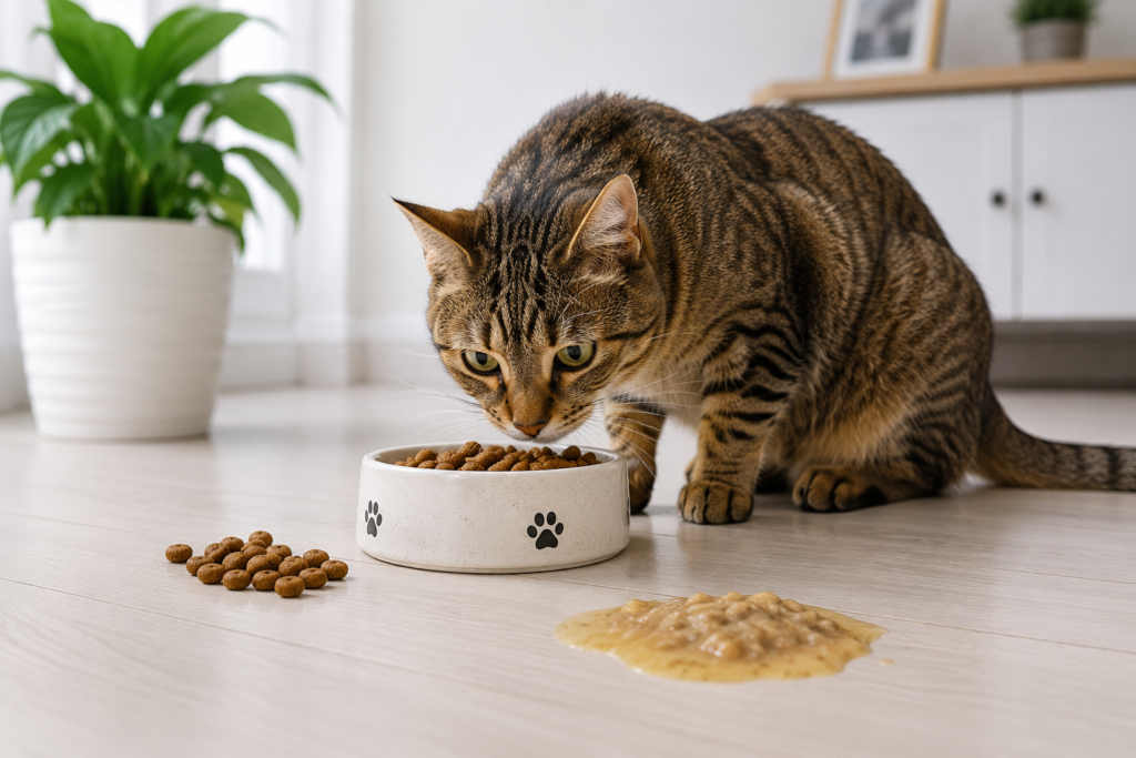 Cat eating too quickly from a food bowl