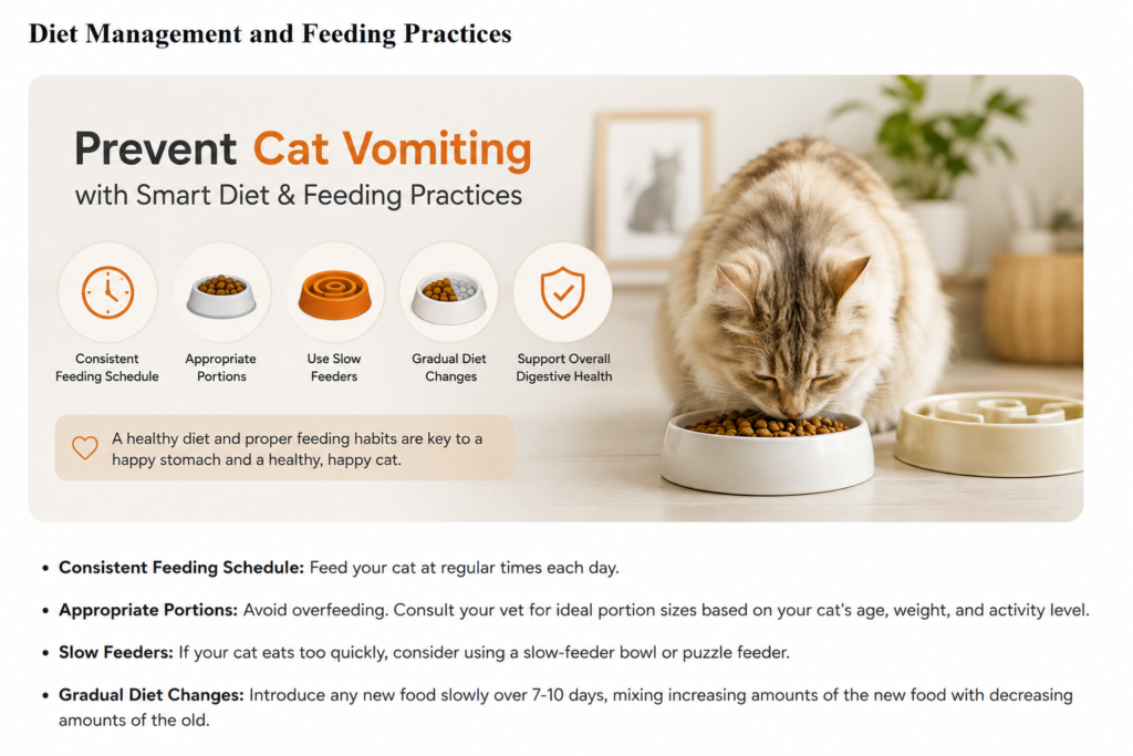 Cat eating from a slow feeder bowl with healthy diet and feeding practices to help prevent vomiting.