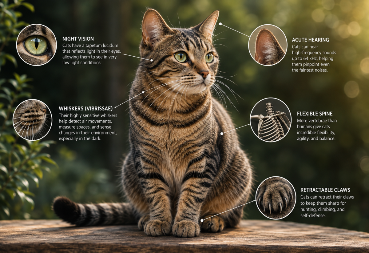 Facts about cats showing feline anatomy and senses