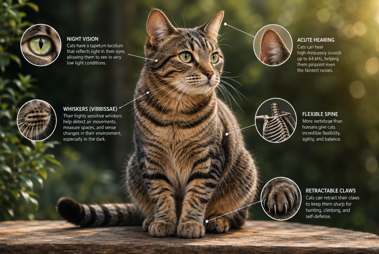 Facts about cats showing feline anatomy and senses