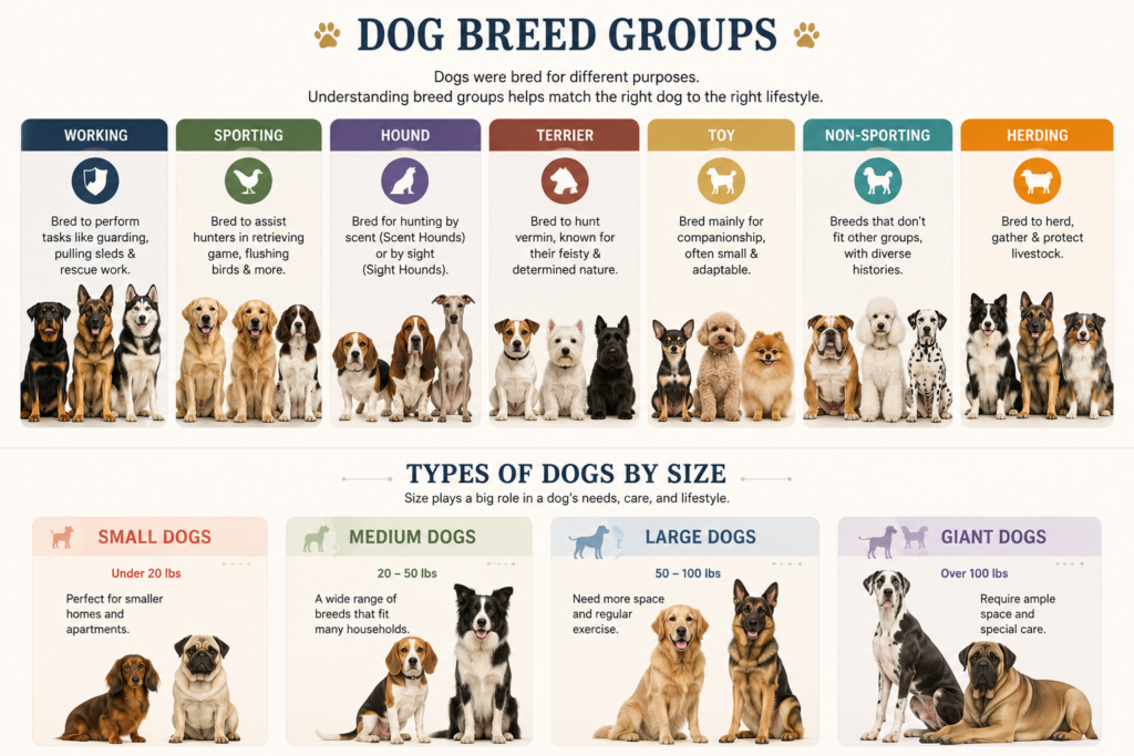 Dog breed groups and types of dogs by size 