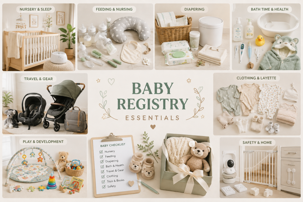Baby registry essentials for nursery, feeding, diapering, and safety