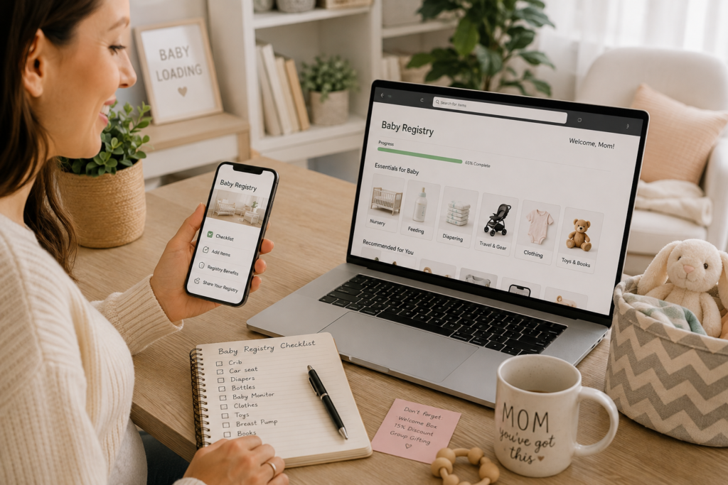 Parent managing an Amazon Baby Registry with smart registry tips