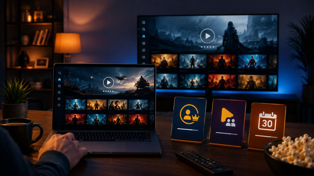 Person browsing Prime Video free content on a laptop with a smart TV in the background