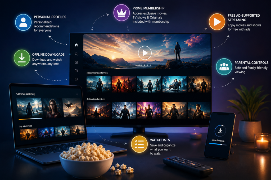 Prime Video free streaming with watchlists, offline downloads, profiles, and parental controls