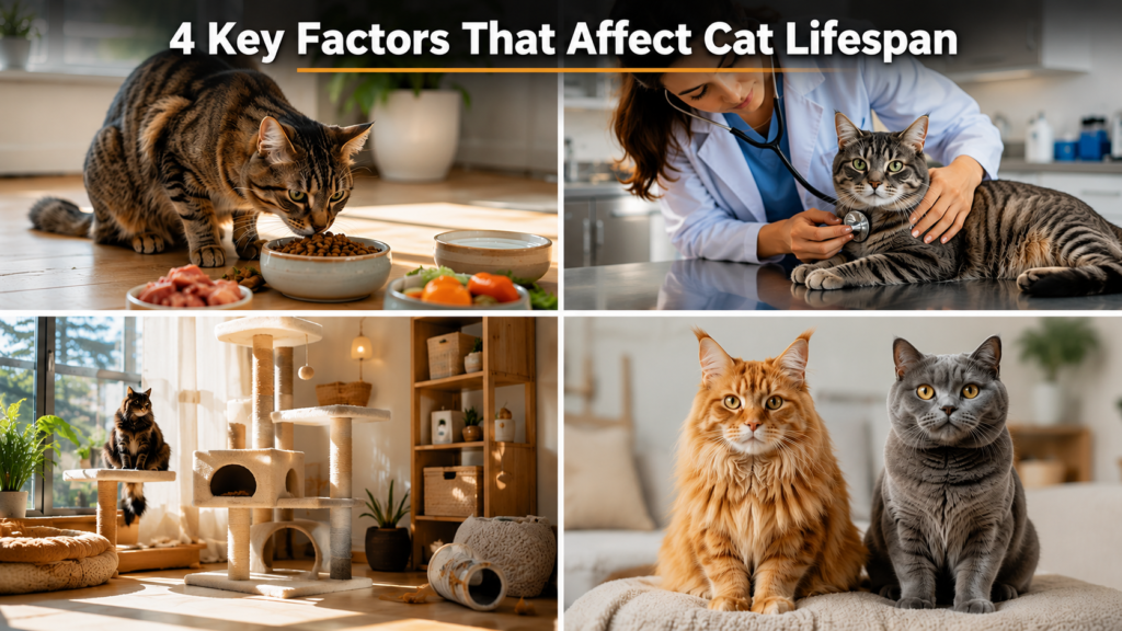 Four key factors that affect cat lifespan including nutrition, veterinary care, environment, and genetics