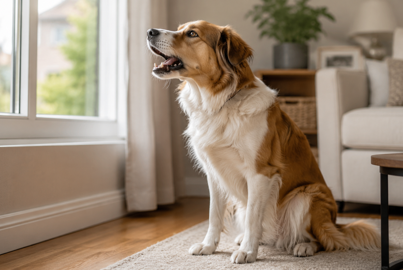 Dog barking near a window in a cozy home