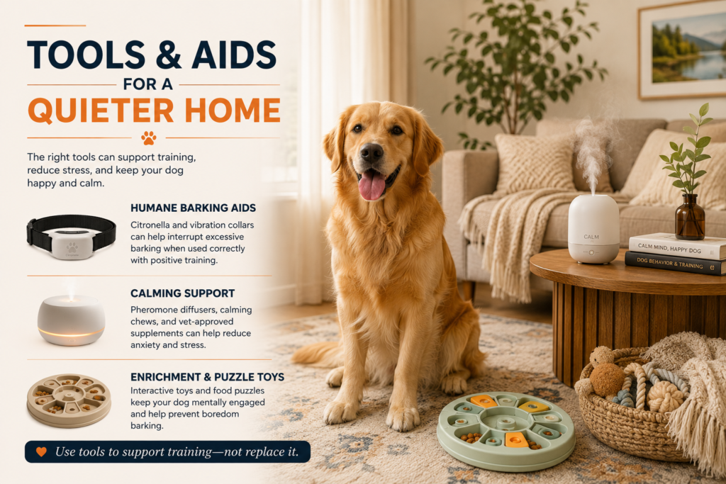 Tools and aids for reducing excessive dog barking with calming support and enrichment toys