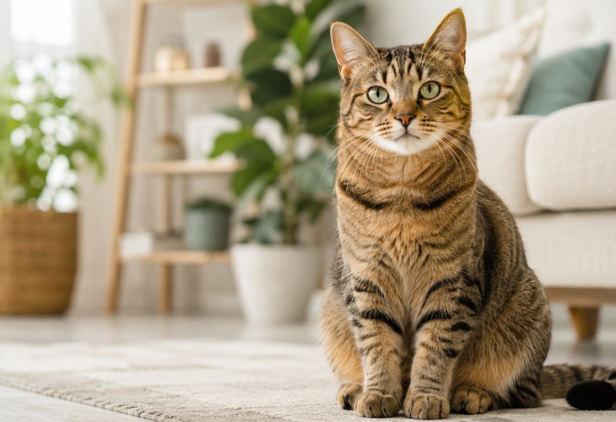 Healthy adult cat sitting comfortably in a bright modern home