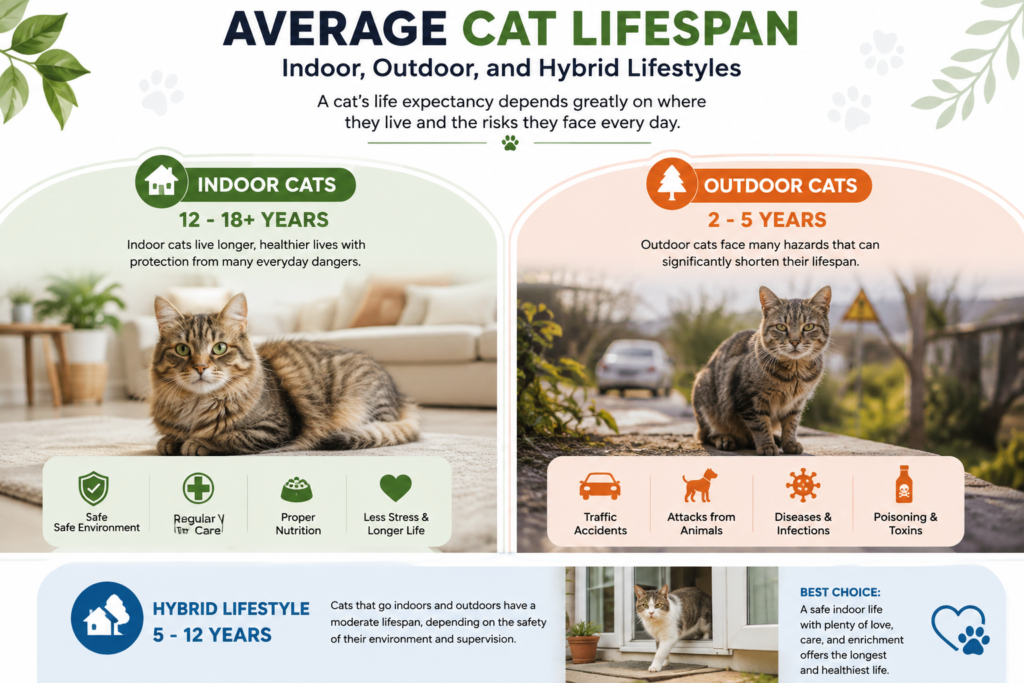 Average cat lifespan comparison for indoor, outdoor, and hybrid lifestyles.