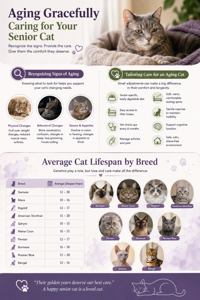 Senior cat care guide showing signs of aging, care tips, and average lifespan by breed.