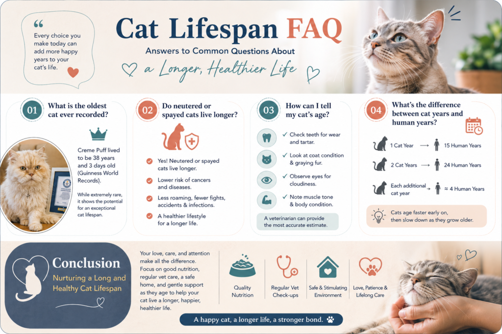 Cat lifespan FAQ covering the oldest cat, spaying and neutering, aging signs, and cat years compared with human years.