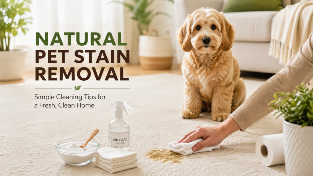Natural pet stain removal with baking soda, vinegar, and cloth on carpet