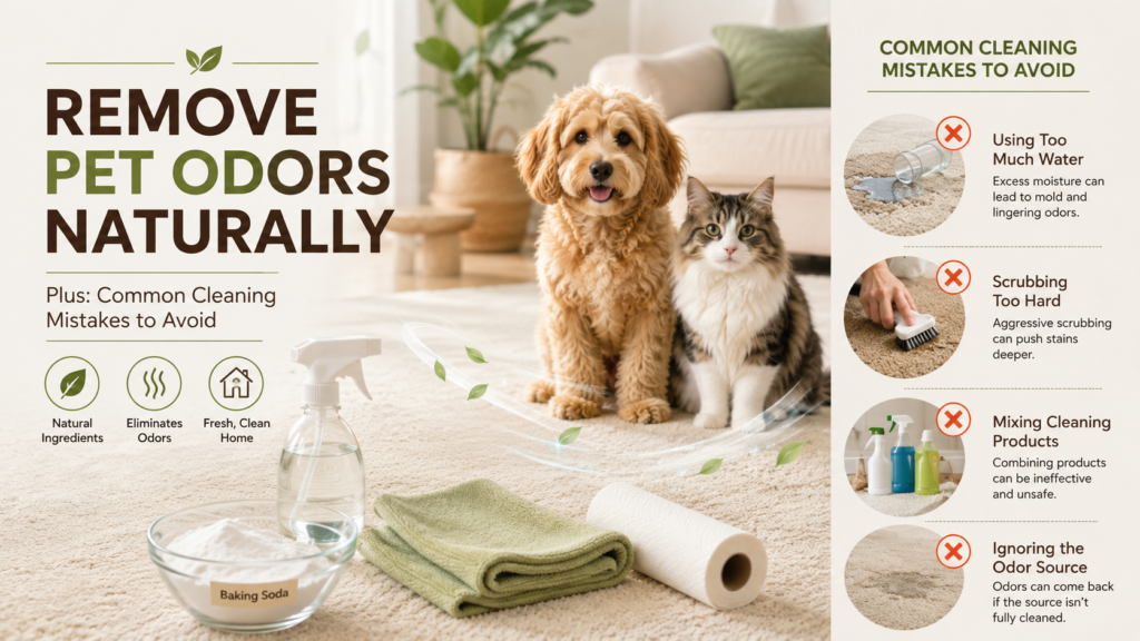 Natural pet odor removal with baking soda and cleaning supplies, plus common pet stain cleaning mistakes to avoid