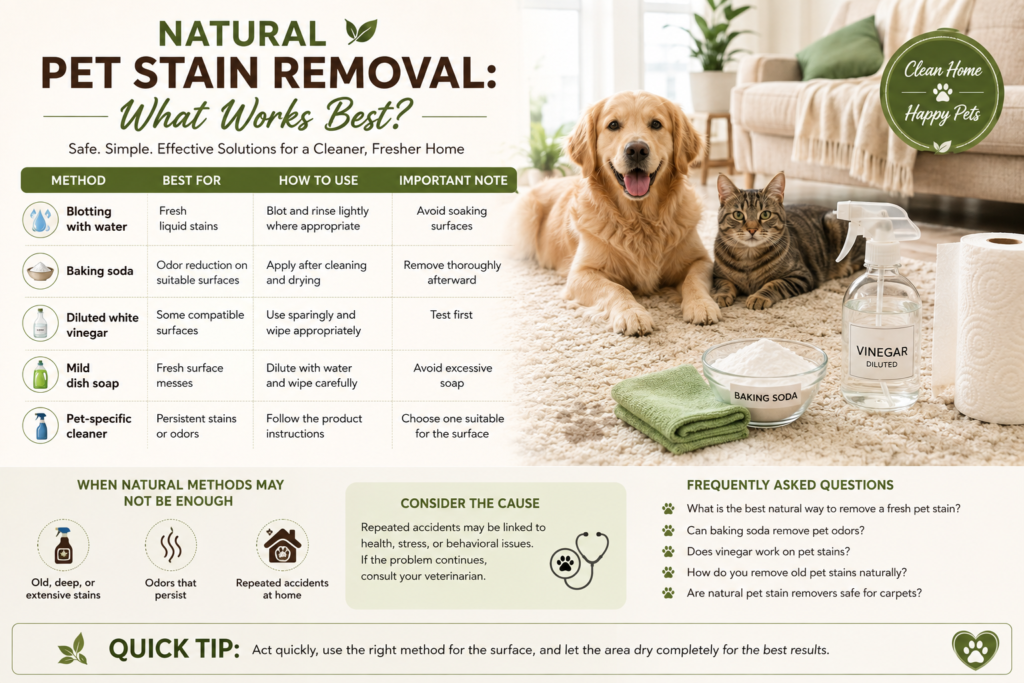 Natural pet stain removal methods compared with cleaning tips for carpets and other surfaces