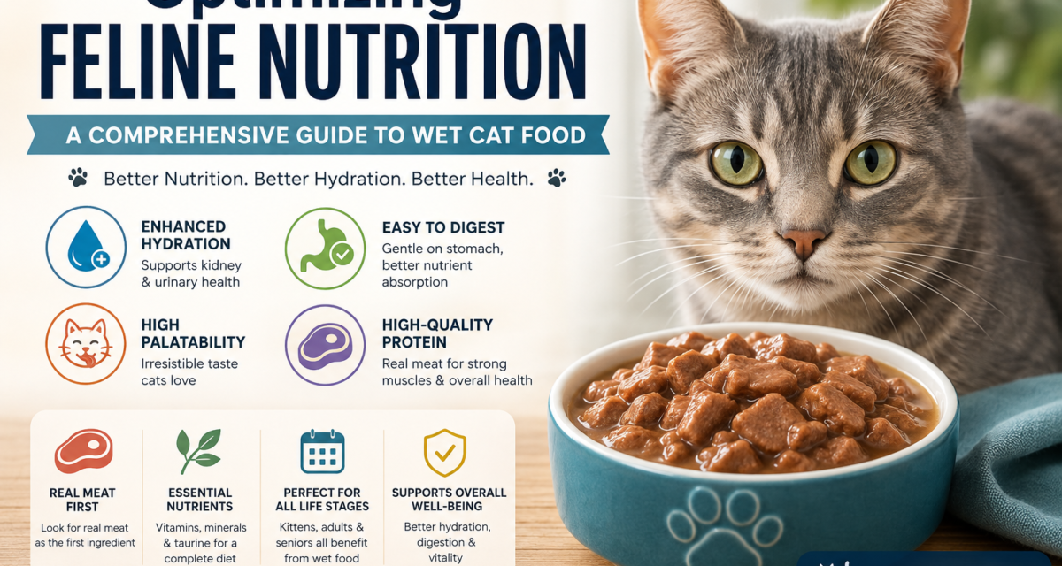 wet cat food A gray tabby cat sits beside a bowl of wet cat food, accompanied by an infographic highlighting the benefits of wet cat food, including hydration, easy digestion, high-quality protein, real meat ingredients, essential nutrients, and suitability for cats of all life stages.