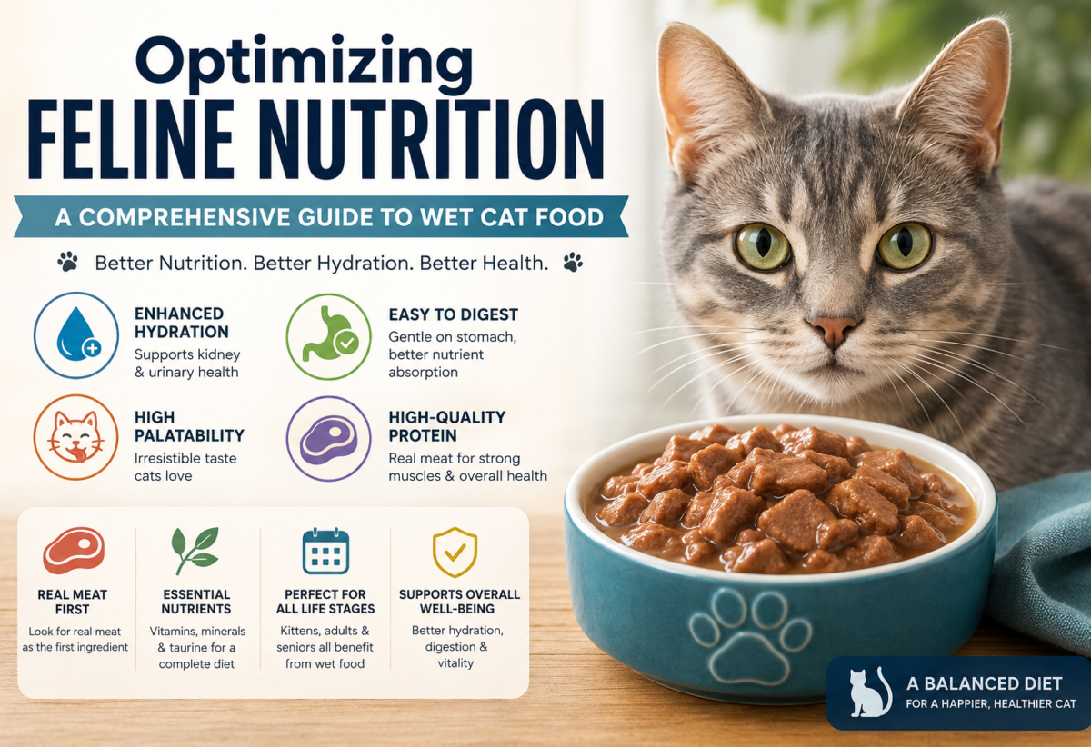 A gray tabby cat sits beside a bowl of wet cat food, accompanied by an infographic highlighting the benefits of wet cat food, including hydration, easy digestion, high-quality protein, real meat ingredients, essential nutrients, and suitability for cats of all life stages.