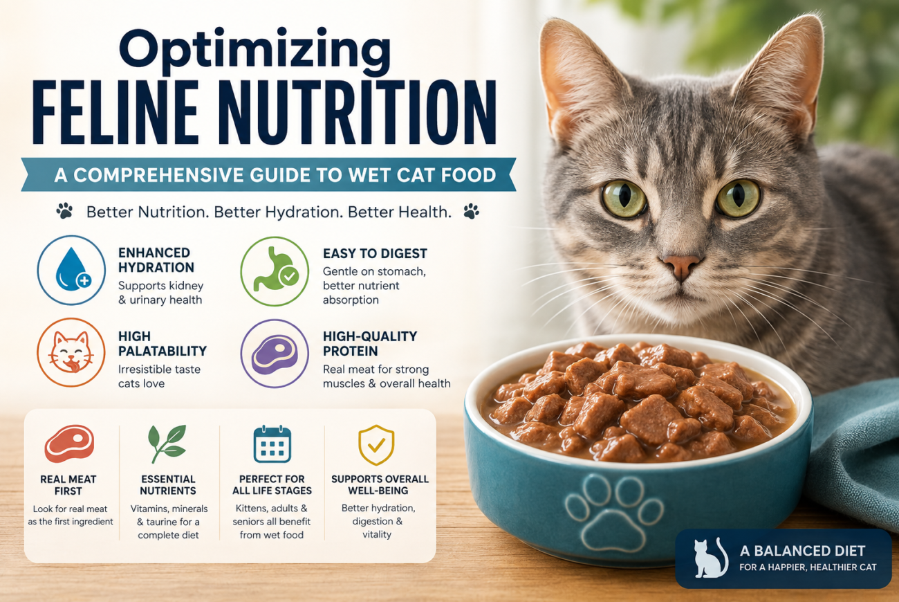 A gray tabby cat sits beside a bowl of wet cat food, accompanied by an infographic highlighting the benefits of wet cat food, including hydration, easy digestion, high-quality protein, real meat ingredients, essential nutrients, and suitability for cats of all life stages.