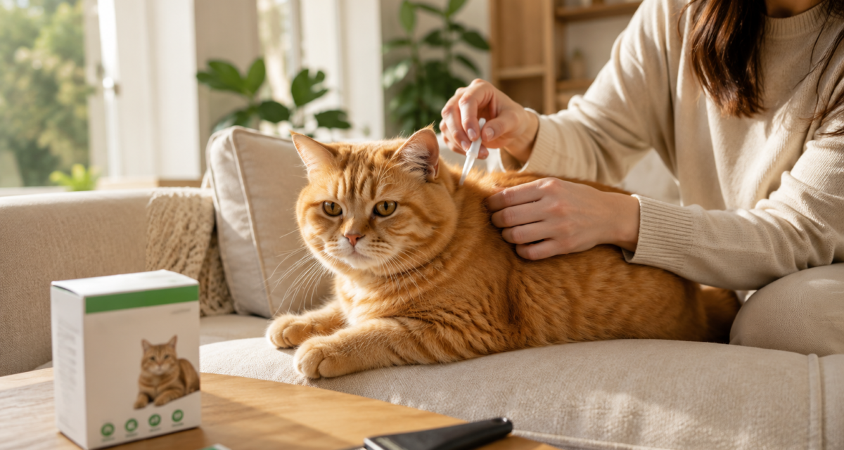 Best Cat Flea Products – Spot-On Flea Treatment for Cats Healthy orange British Shorthair cat receiving spot-on flea treatment on a cream sofa