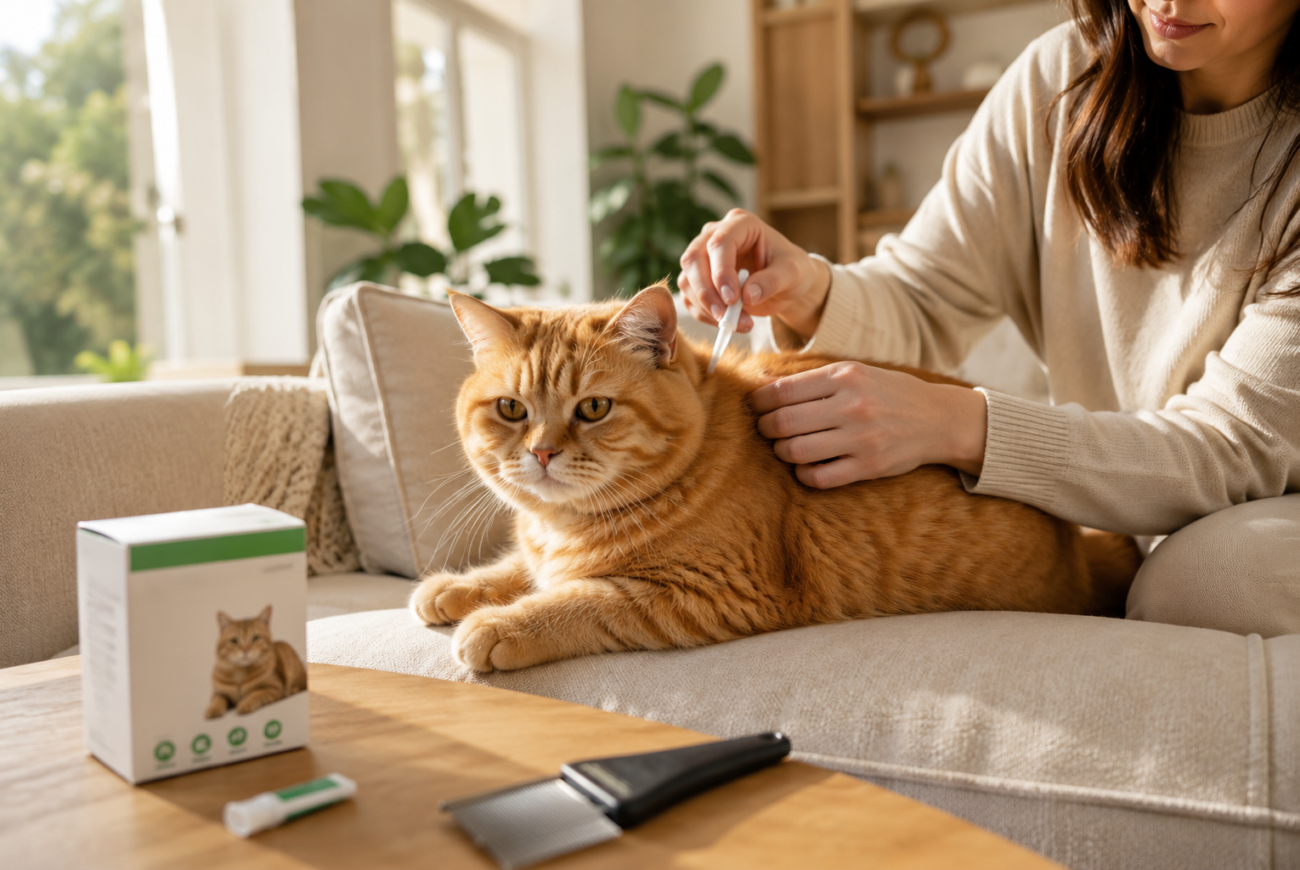 Healthy orange British Shorthair cat receiving spot-on flea treatment on a cream sofa