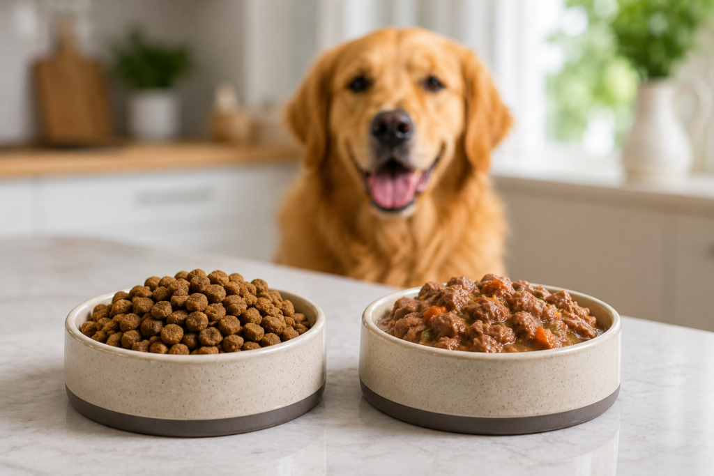 Dry kibble and wet food in ceramic bowls