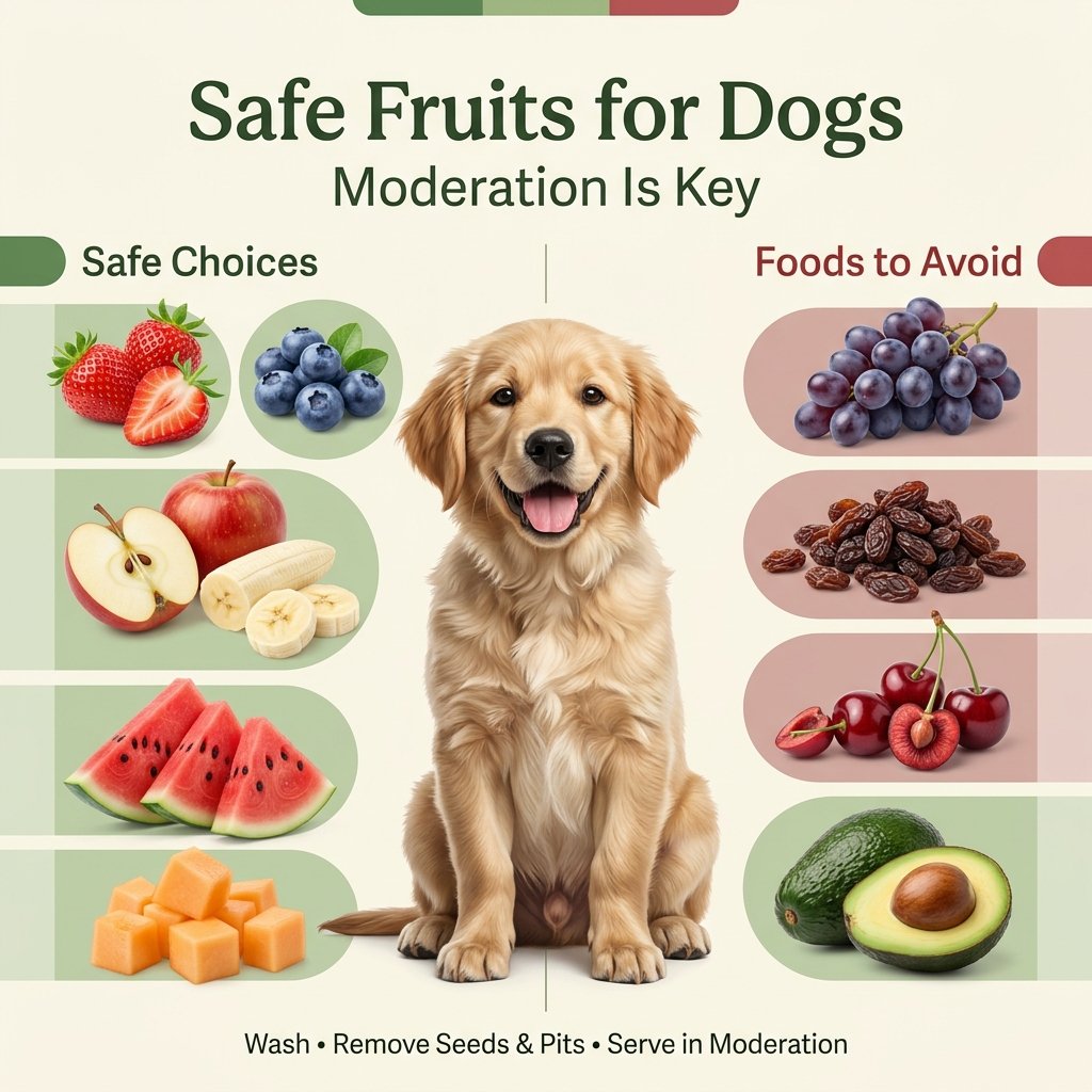 Safe and unsafe fruits for dogs including strawberries, blueberries, grapes, cherries, and avocado