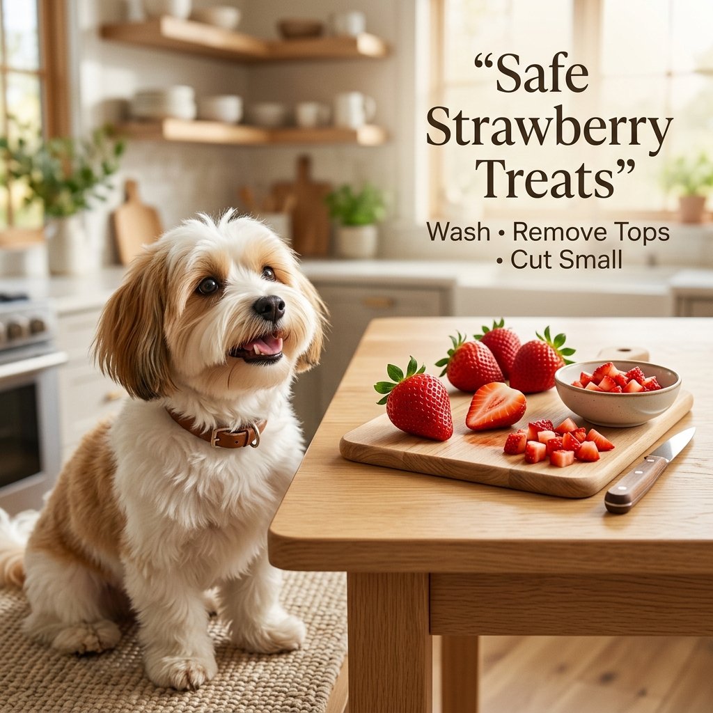 Dog safely eating strawberries prepared in small pieces