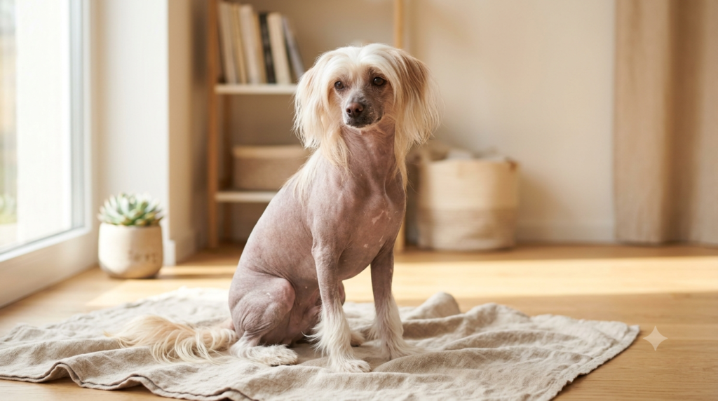 Healthy Chinese Crested hairless dog sitting calmly in a bright, modern living room.