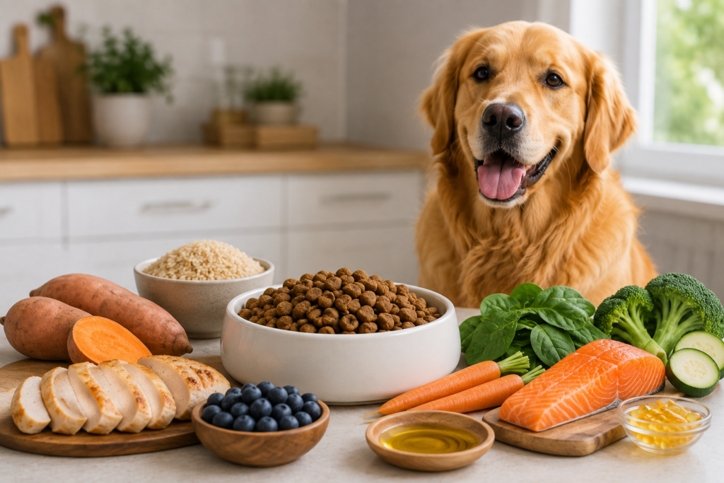 Happy dog beside fresh ingredients and a bowl