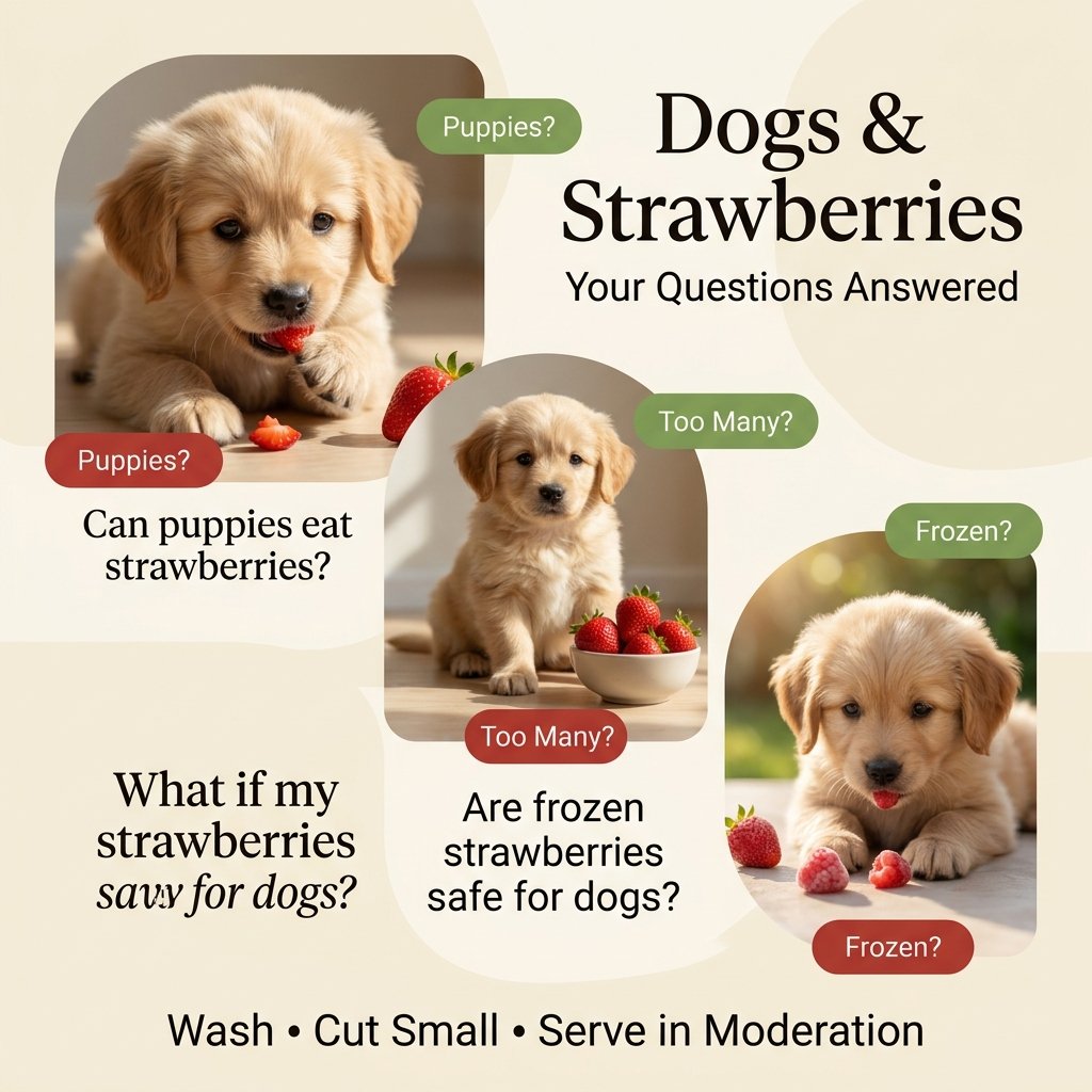 Cute puppy with fresh and frozen strawberries showing safe serving tips for dogs