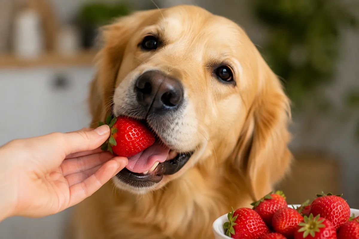 Golden retriever eating a fresh strawberry