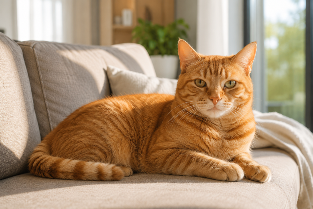 Healthy flea-free orange cat relaxing on a cozy sofa after flea treatment