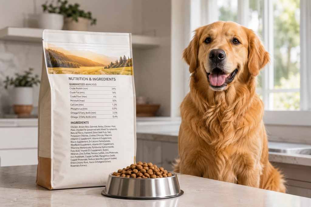 Golden retriever beside a packaged pet product