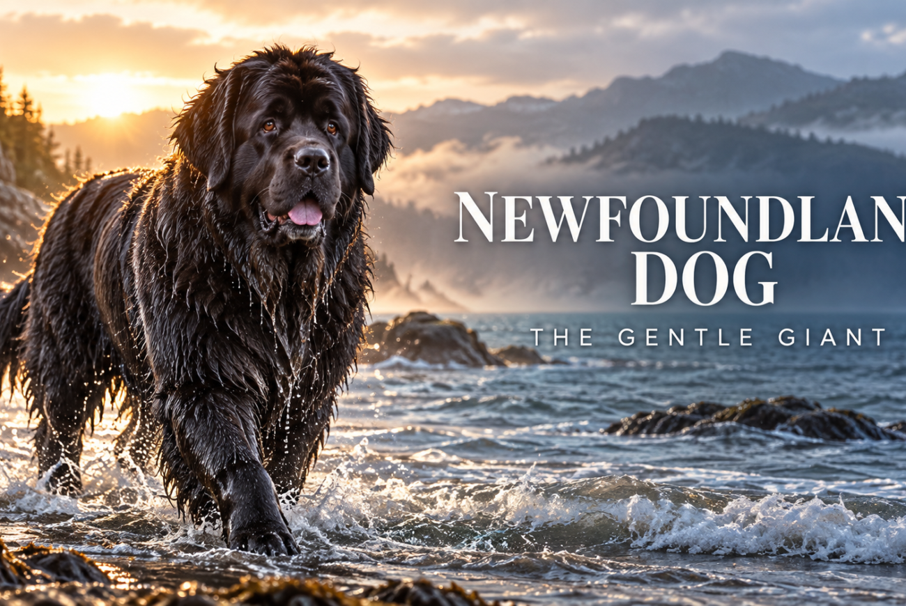 Newfoundland dog walking through ocean water at sunset