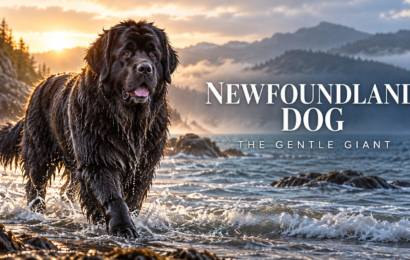Newfoundland Dog – The Gentle Giant Newfoundland dog walking through ocean water at sunset