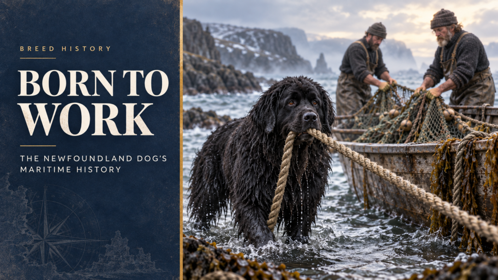 Newfoundland dog helping fishermen pull a rope beside a fishing boat
