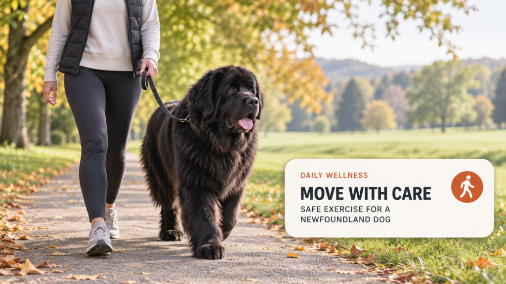 Newfoundland dog walking with its owner during daily exercise in a park