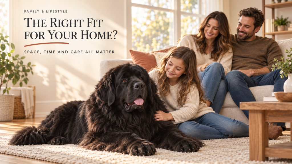 Newfoundland dog relaxing with a family in a spacious living room