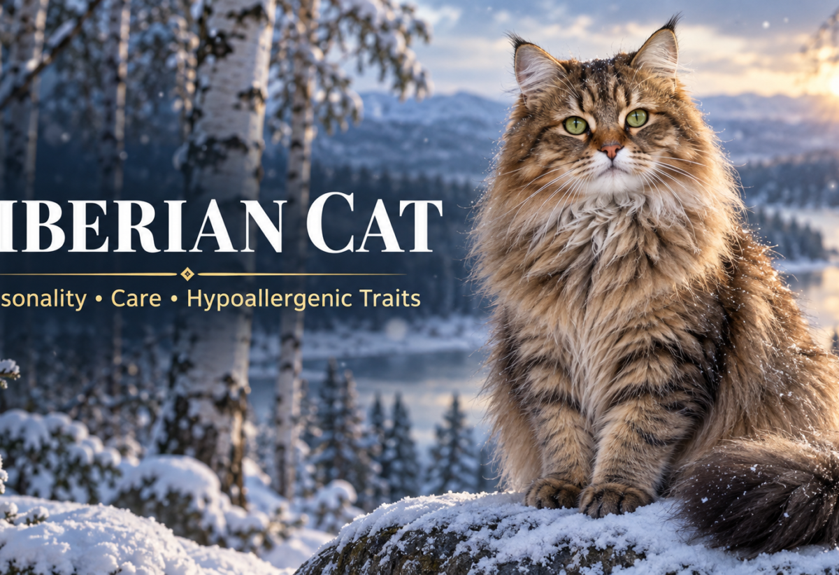 Siberian cat with a thick triple coat sitting in a snowy Russian forest