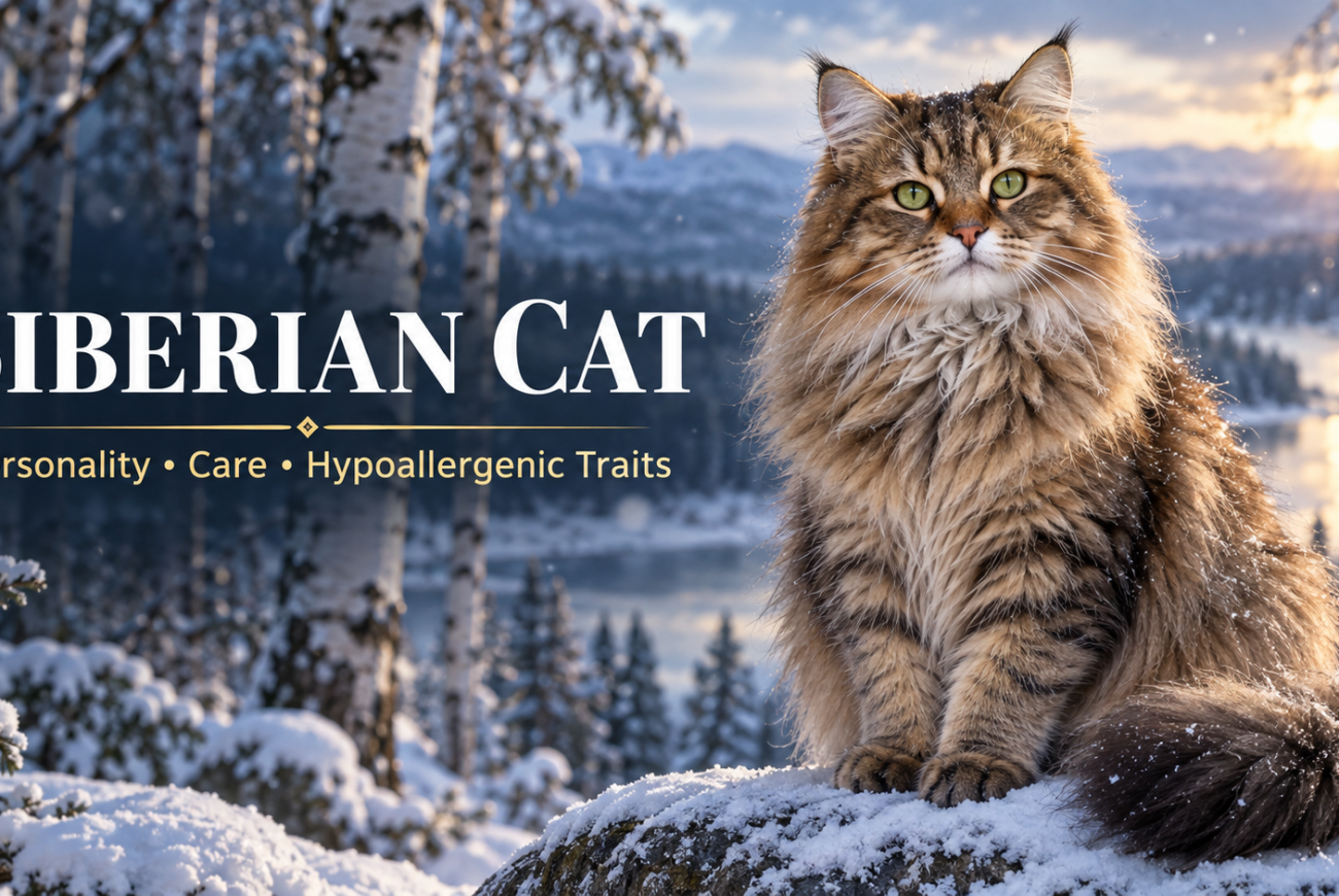 Siberian cat with a thick triple coat sitting in a snowy Russian forest