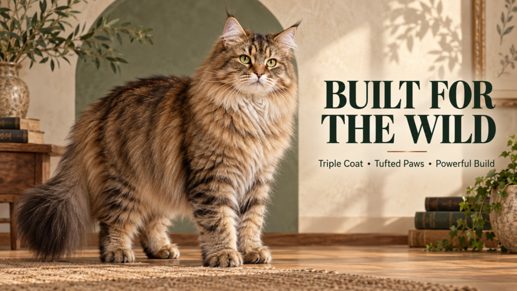 Siberian cat displaying its thick triple coat, tufted paws, and powerful build