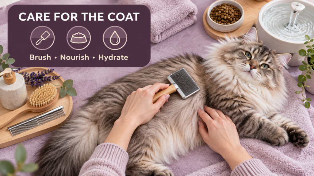 Siberian cat being gently groomed with a slicker brush beside food and a water fountain