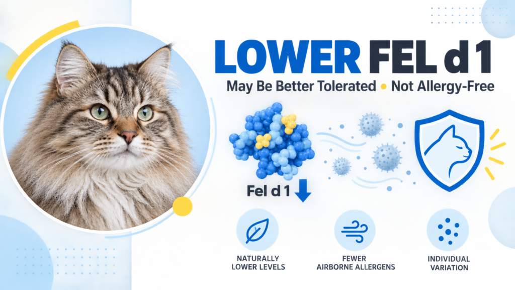 Siberian cat infographic explaining lower Fel d 1 allergen levels and hypoallergenic traits