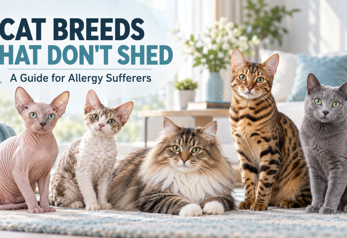 Cat breeds that don’t shed, including Sphynx, Devon Rex, Siberian, Bengal, and Russian Blue cats