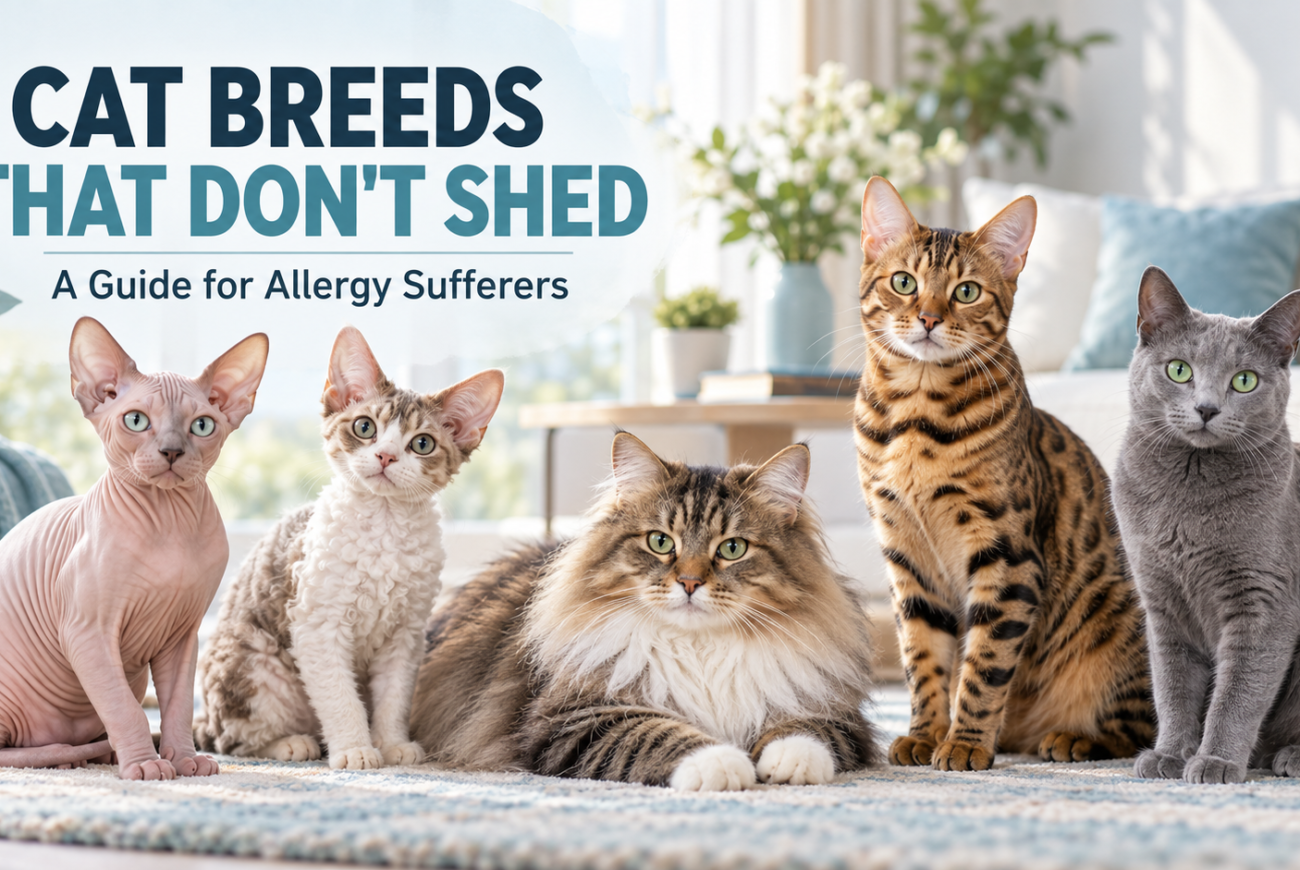 Cat breeds that don’t shed, including Sphynx, Devon Rex, Siberian, Bengal, and Russian Blue cats