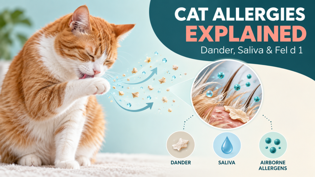 Orange-and-white cat grooming while dander, saliva, and Fel d 1 allergens become airborne.