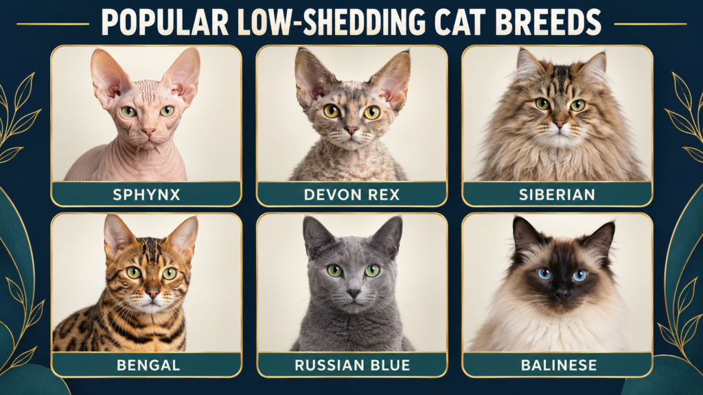 Popular low-shedding cat breeds, including Sphynx, Devon Rex, Siberian, Bengal, Russian Blue, and Balinese.